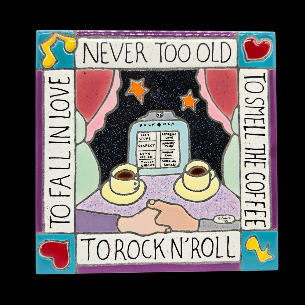 VTG Irene Otis Ceramic Art Tiles Never Too Old To Fall in Love Rock Handmade 6"